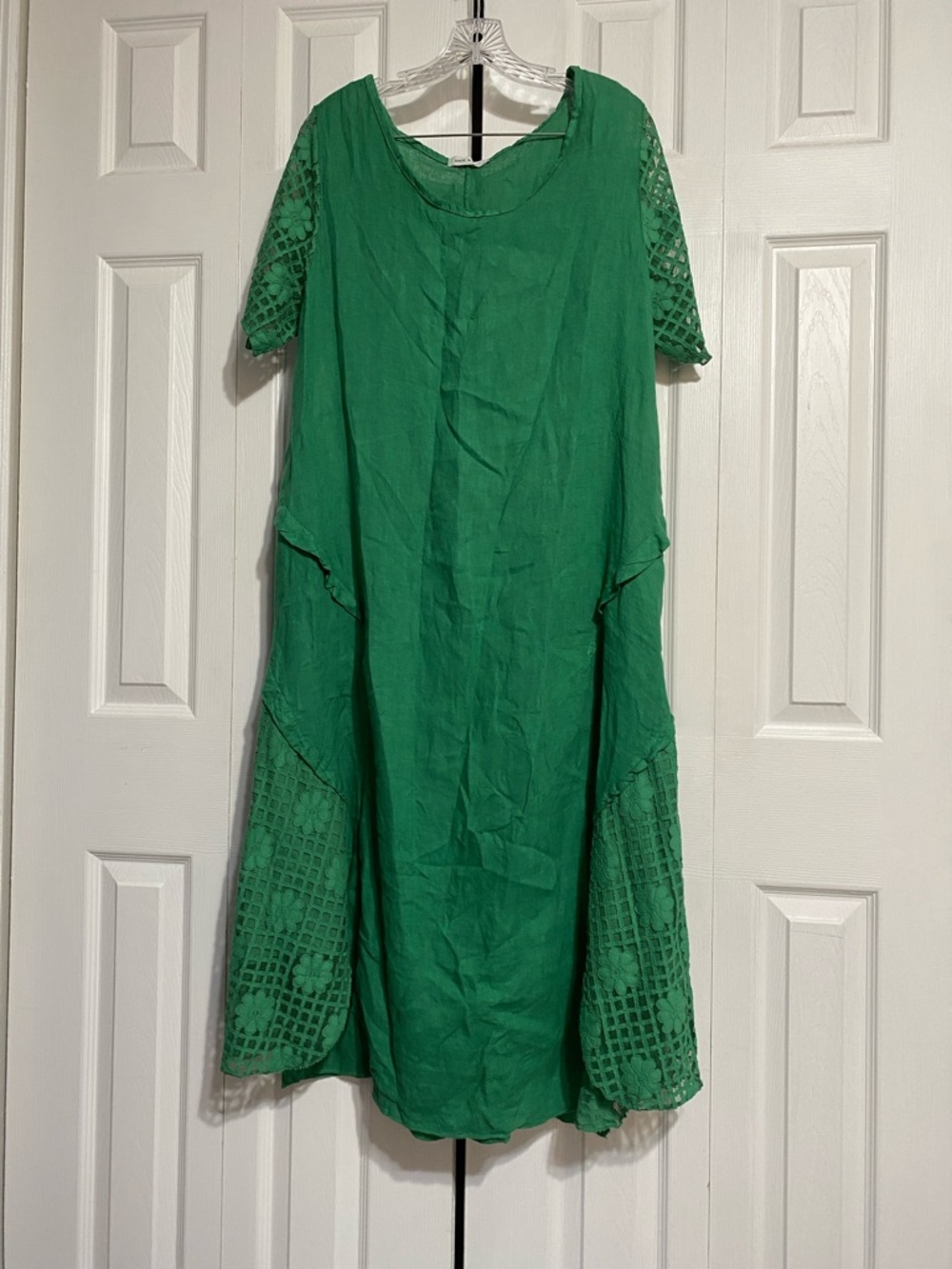 Made in Italy green linen cotton & lace lightweight shift dress LARGE